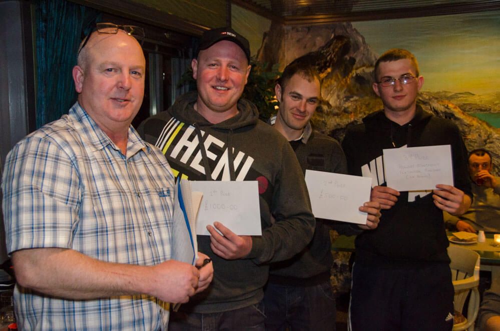 From left to right: Din Tur's Ian Peacock presents Alan Hornsby (1st Place), John Dunn (2nd Place) and Jamie Benton (3rd Place) with their prizes.